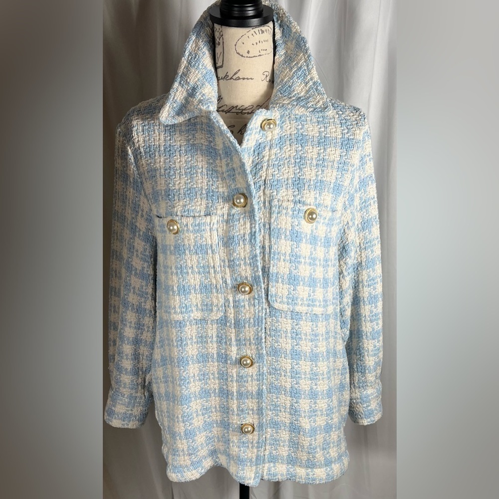 Zara Houndstooth Textured Overshirt size XS Blue White